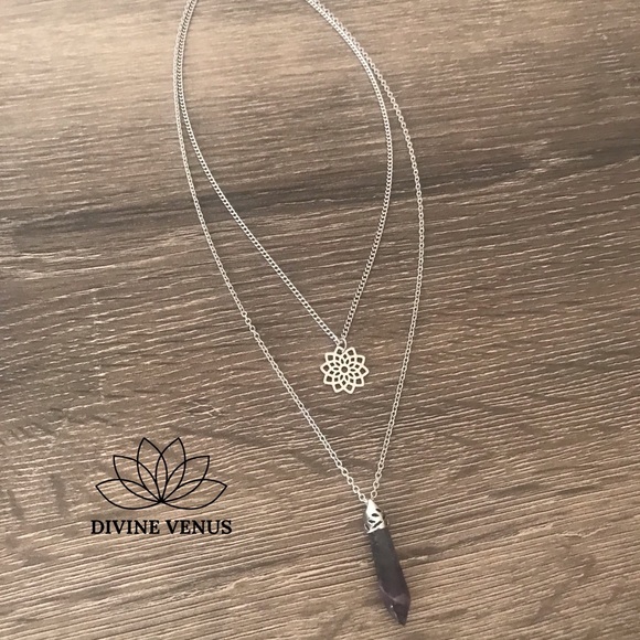 Amethyst Lotus Stainless Steel Layered Necklace - Picture 5 of 8